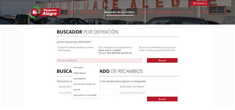Interfaz de un buscador de piezas de desguace online