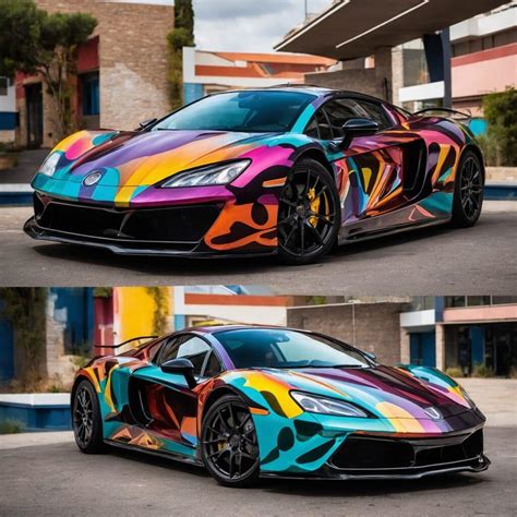 Un coche deportivo envuelto completamente en vinilo de color llamativo