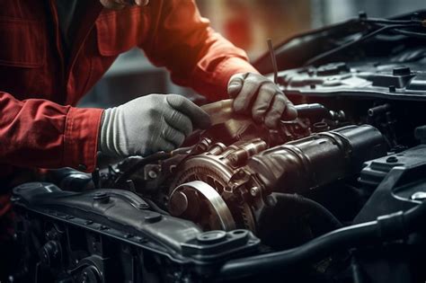 Mechanic working on a car engine with tools