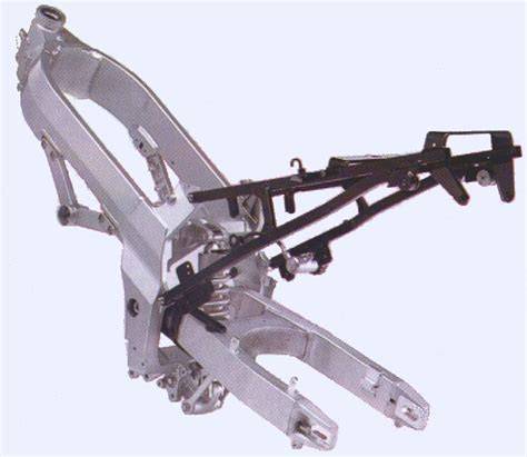 Detalle de un chasis de doble viga de aluminio en una moto deportiva