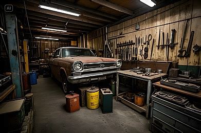 Un taller de restauración de coches antiguos con varias herramientas y piezas de coches
