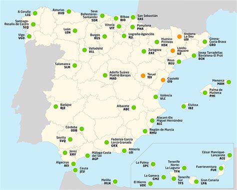 Mapa de España con aeropuertos destacados