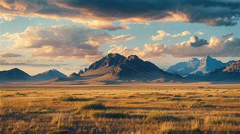 Paisaje de estepa con montañas al fondo
