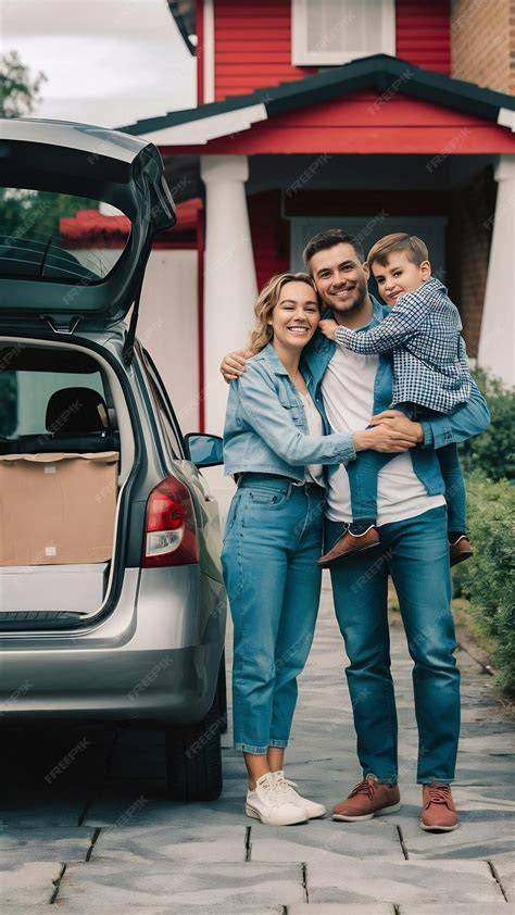 Una familia feliz posando junto a su nuevo coche