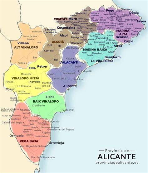 Mapa de España destacando la provincia de Alicante con varios puntos marcados