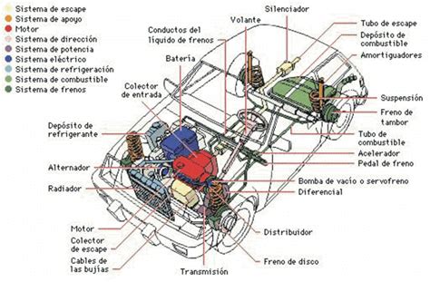 Diagrama de un coche de rally con sus componentes principales