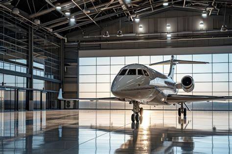 Estudiante mirando un avión en un hangar