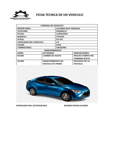 Ficha técnica de vehículo con número de plazas.