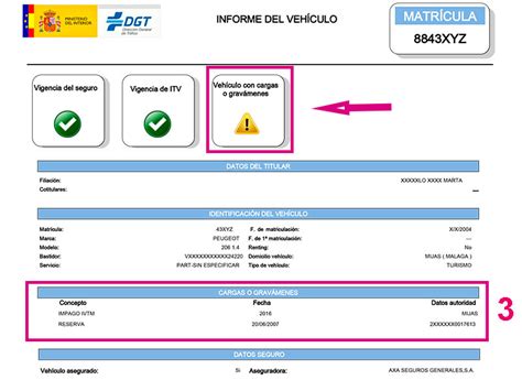 Infografía mostrando los datos clave que se pueden obtener de un informe de vehículo de la DGT