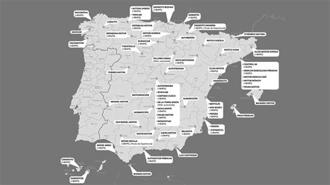 Mapa de España con puntos resaltando concesionarios y talleres BMW en las cercanías de Alcázar de San Juan.