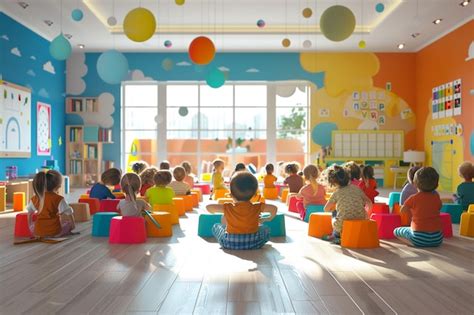 Iluminación tenue y colorida en un aula decorada para Halloween