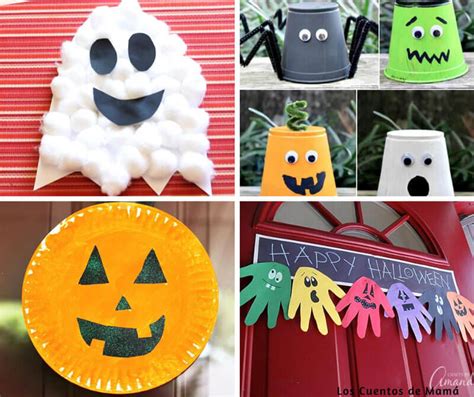 Niños creando manualidades de Halloween con goma eva y platos de papel