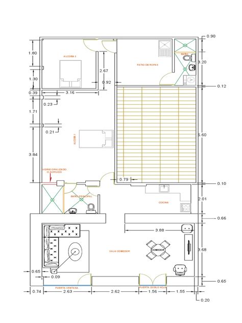 Plano de una casa con sala-comedor, cocina, patio y recámara