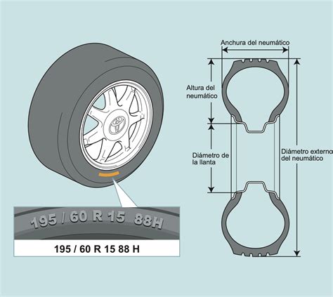 Diagrama de las dimensiones de un neumático con explicaciones de cada número.