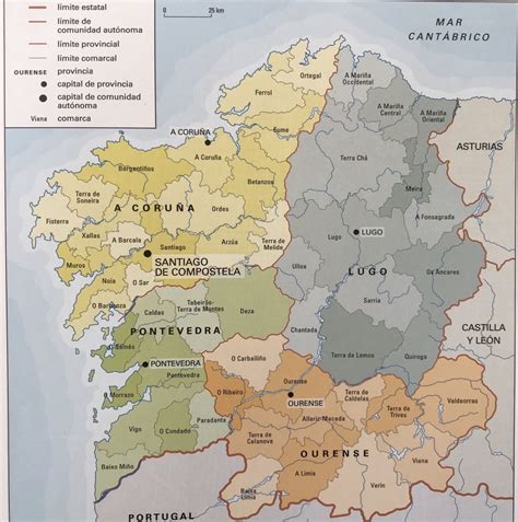 Mapa de Galicia con las provincias de A Coruña, Pontevedra y Lugo resaltadas