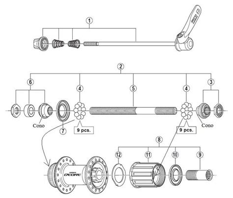 Esquema de un buje de bicicleta con radios