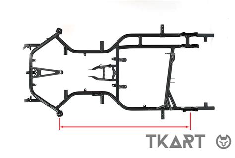 Diagrama de un chasis de kart mostrando ancho de vía y batalla